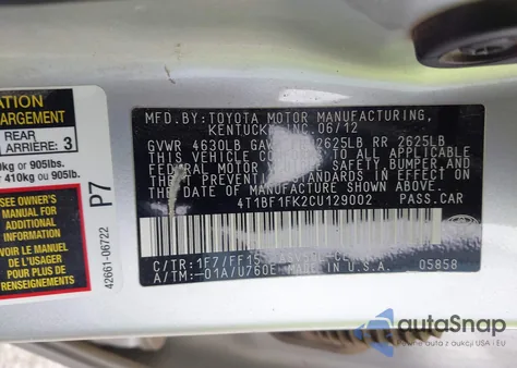 2012 Toyota Camry Se from USA, damaged, VIN 4T1BF1FK2CU129002